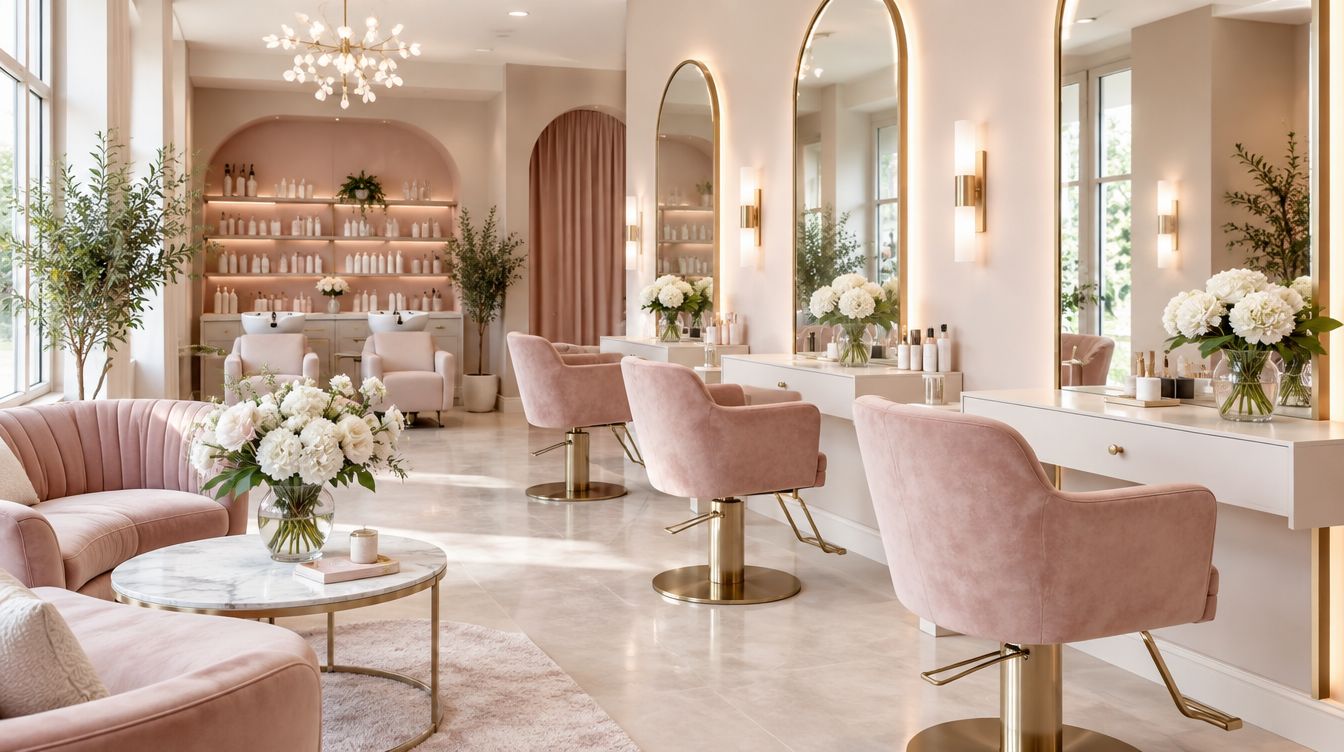 The salon floor — blush-pink chairs, gold-framed mirrors, soft lighting and a chandelier